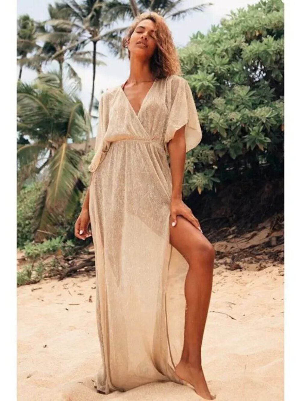 Lulus Womens Sz M Sheer Midas Gold Maxi Cover-up Beachwear Swimwear Vacation